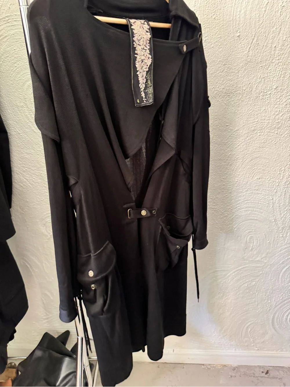 L.A.M.B. Black Draped Long Trench Coat with Embroidered Collar Detail - Picture 1 of 5